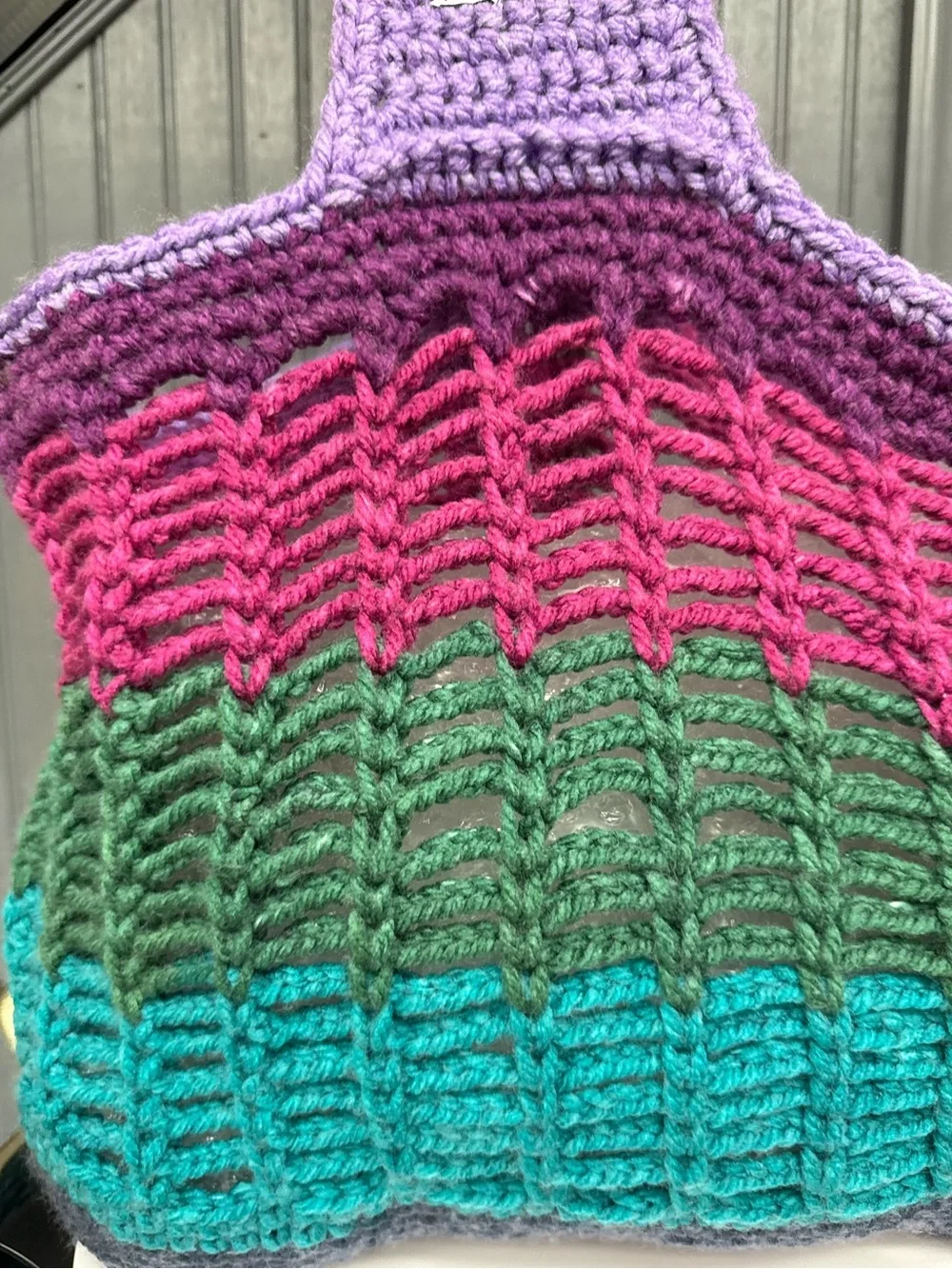 Handmade Crochet Colorblock Market Tote Bag Purple Teal Pink Boho Festival Bag